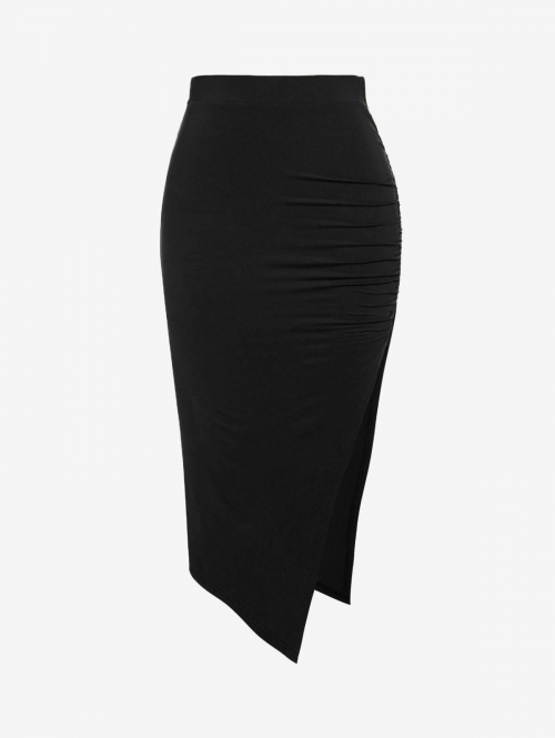 ZAFUL Ruched Thigh Split Asymmetrical Bodycon Skirt Cocktail Party Daily Fall Spring Elastic Waist Fitted Midi Skirt (High Stretch Fabric) L Black