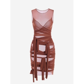 Bodycon Dress Sheer Mesh Wrap-tie Slinky Bandage Dress S Coffee