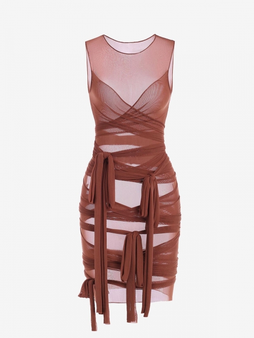 Bodycon Dress Sheer Mesh Wrap-tie Slinky Bandage Dress S Coffee