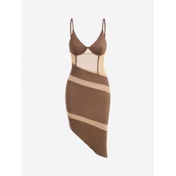 Bodycon Dress Mesh Panel Slinky Asymmetrical Corset Bustier Dress M Coffee