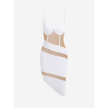 Bodycon Dress Mesh Panel Slinky Asymmetrical Corset Bustier Dress S White