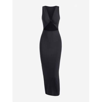 Bodycon Dress Rib-knit Twist Cutout Split Side Slinky Tank Dress M Black