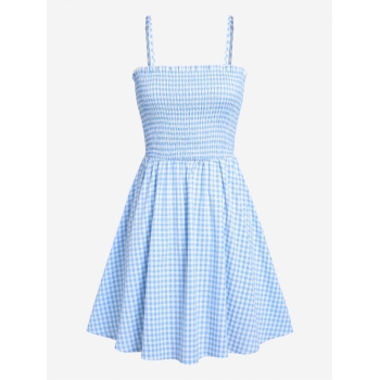 Mini Dress ZAFUL Gingham Smocked Mini A Line Dress L Light blue