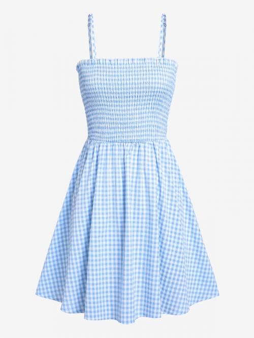 Mini Dress ZAFUL Gingham Smocked Mini A Line Dress L Light blue