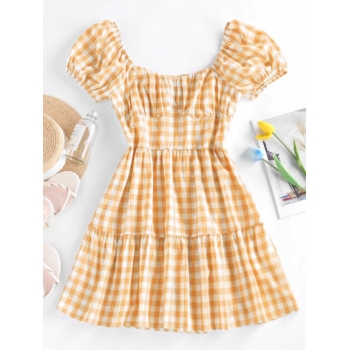 Casual ZAFUL Gingham Puff Sleeve Tiered Dress M Yellow