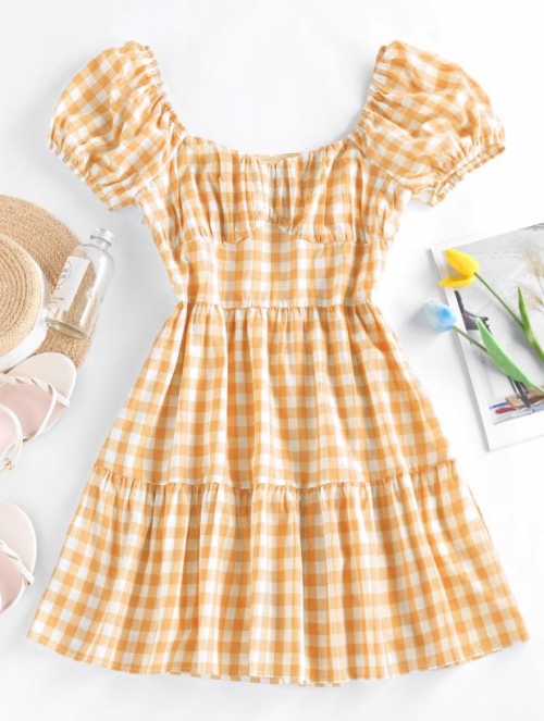 Casual ZAFUL Gingham Puff Sleeve Tiered Dress M Yellow