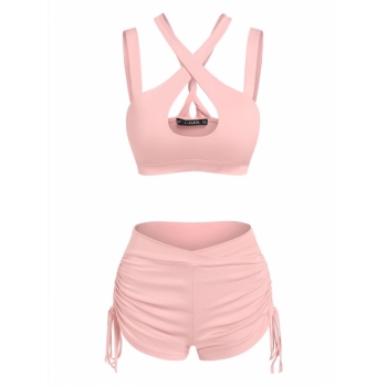 ZAFUL Cutout Cross Cinched Two Piece Shorts Set L Light pink