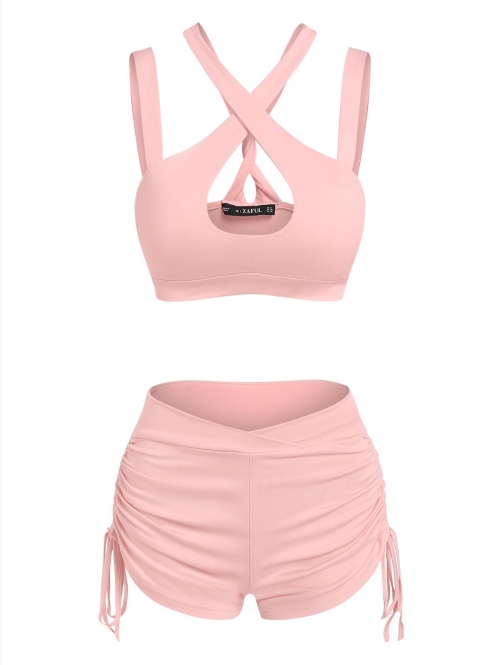 ZAFUL Cutout Cross Cinched Two Piece Shorts Set L Light pink