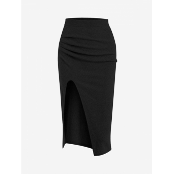 Ruched Ribbed Thigh Slit Draped Skirt Black