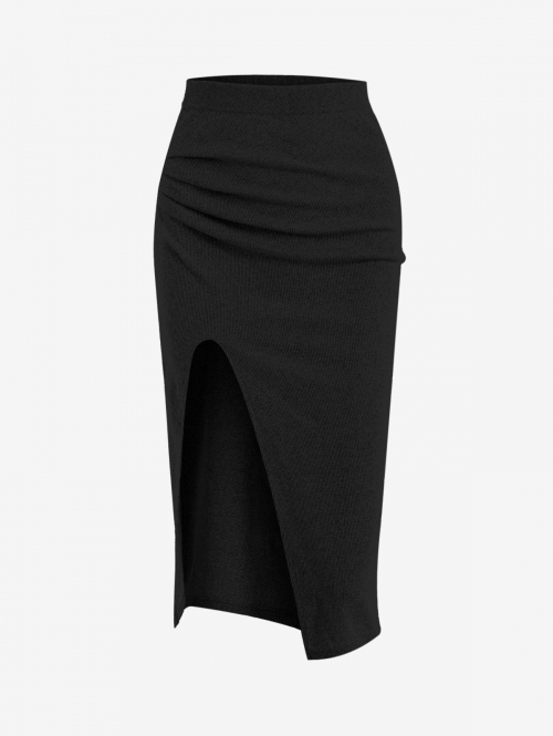 Ruched Ribbed Thigh Slit Draped Skirt Black