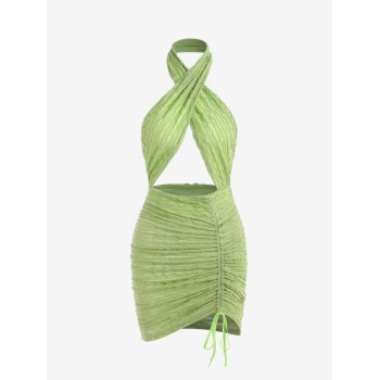 Bodycon Dress Halter Crossover Frilled Cutout Ruched Slinky Open Back Vegas Dress L Green