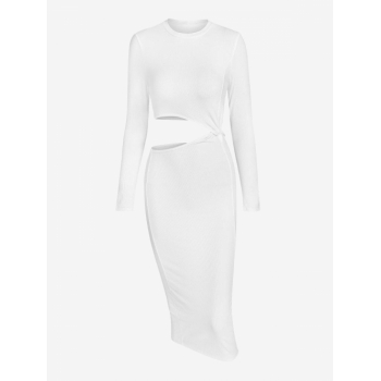 Long Sleeve ZAFUL Long Sleeve Twisted Cut Out Slinky Midi Dress M White