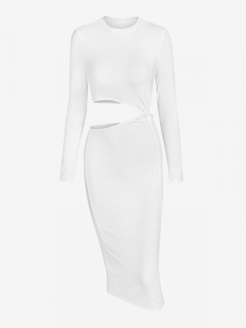 Long Sleeve ZAFUL Long Sleeve Twisted Cut Out Slinky Midi Dress M White