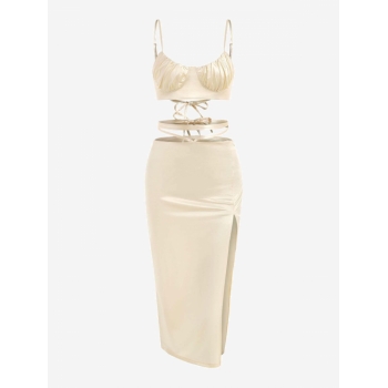 Sheeny Lace-up Bustier Top and Midriff Flossing Slit Skirt Set L Golden