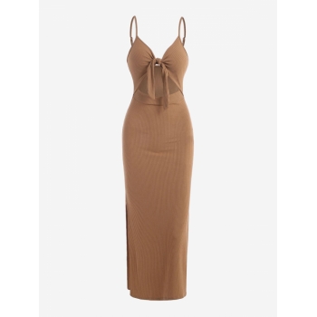 Bodycon Dress Ribbed Knot Cutout Split Side Slinky Maxi Vegas Dress S Coffee