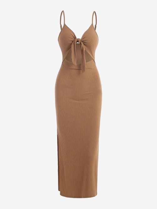 Bodycon Dress Ribbed Knot Cutout Split Side Slinky Maxi Vegas Dress S Coffee