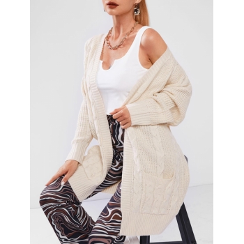 Cable Knit Patch Pocket Longline Cardigan M Light coffee