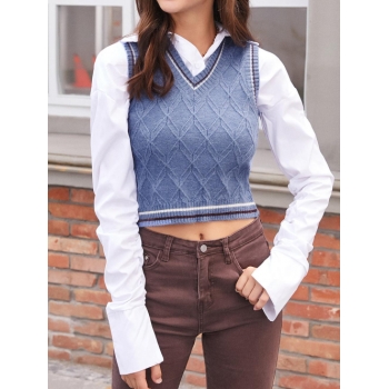 Women ZAFUL Striped Rhombus Knit Vest Sweater S Blue