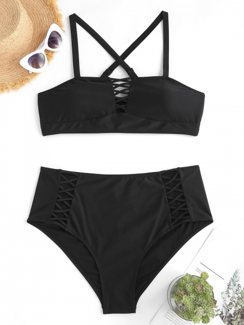 Women Bikini ZAFUL Plus Size Criss Cross High Waisted Tankini Swimwear Xxl Black