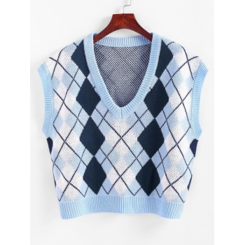 Women Argyle Oversized Sweater Vest S Light blue