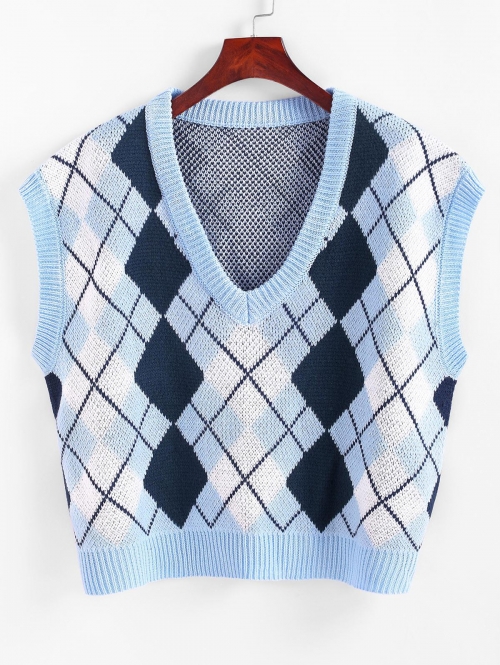 Women Argyle Oversized Sweater Vest S Light blue