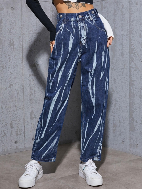 90s Dark Wash Printed Tapered Jeans L Blue