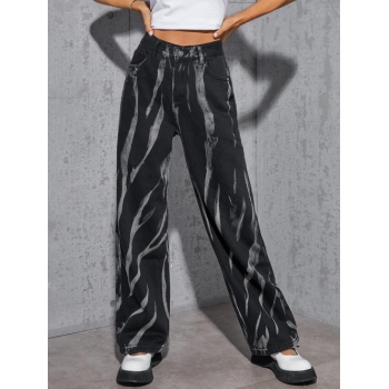 Abstract Print High Waisted Slouchy Jeans L Black