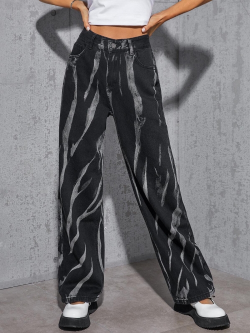 Abstract Print High Waisted Slouchy Jeans L Black