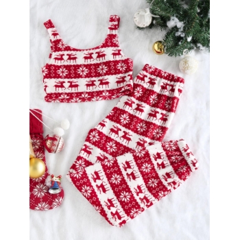 ZAFUL Christmas Elk Snowflake Fleece Crop Top and Pants Set L Red