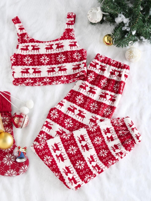 ZAFUL Christmas Elk Snowflake Fleece Crop Top and Pants Set L Red