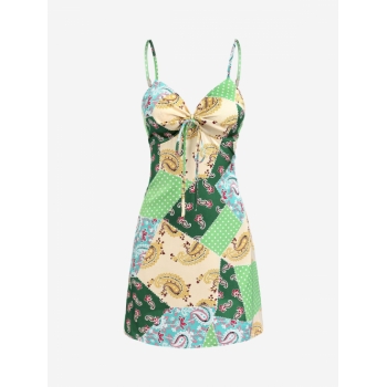 Mini Dress ZAFUL Patchwork Paisley Printed Cami Dress M Light green