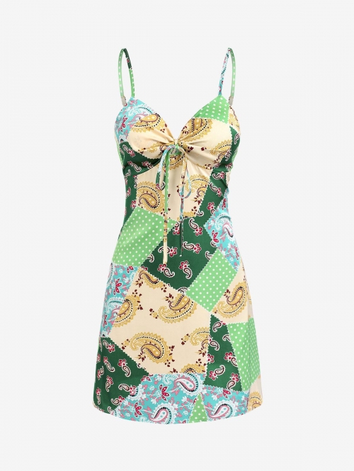 Mini Dress ZAFUL Patchwork Paisley Printed Cami Dress M Light green