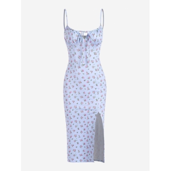 Print Front Slit Cami Tie Collar Ditsy Floral Dress L Light blue