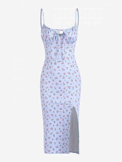 Print Front Slit Cami Tie Collar Ditsy Floral Dress L Light blue