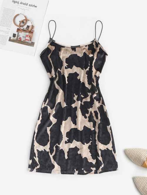 Mini Dress Bungee Strap Velvet Abstract Print Dress S Black