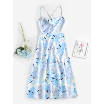 Women ZAFUL Flower Print Lace Up Midi Sundress S Light blue