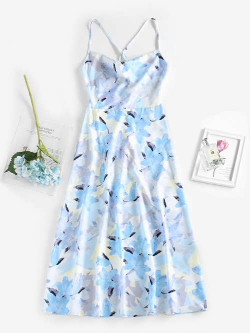 Women ZAFUL Flower Print Lace Up Midi Sundress S Light blue