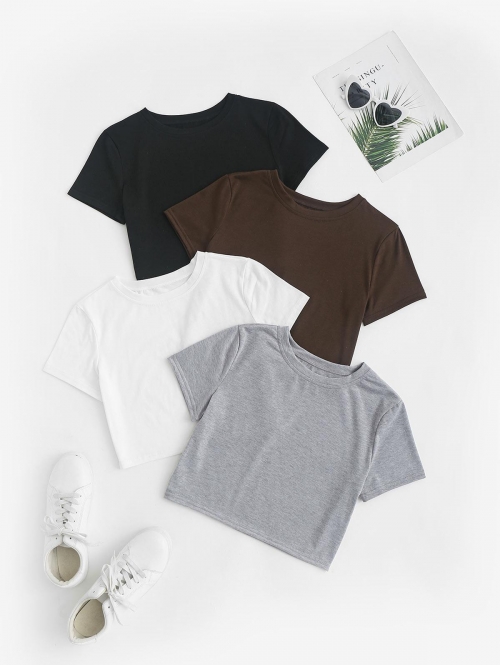 Fashion Women Tees 4pcs Plain Basic Baby Cropped Tee L Deep coffee