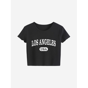 Fashion Women Tees Lettuce Trim Graphic Crop Baby Tee L Black