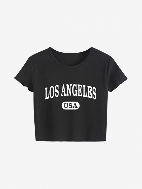 Fashion Women Tees Lettuce Trim Graphic Crop Baby Tee L Black