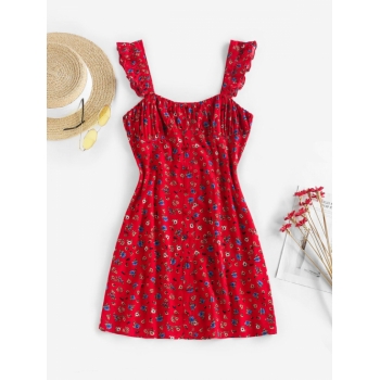 Mini Dress ZAFUL Ruffled Ruched Bust Floral Print Mini Sundress M Red