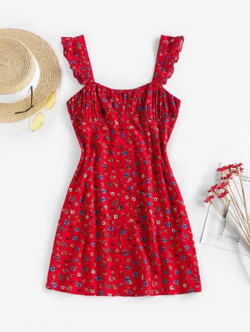 Mini Dress ZAFUL Ruffled Ruched Bust Floral Print Mini Sundress M Red