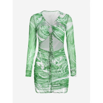 Bodycon Dress Cut Out Ruched Swirl Print Criss Cross Bodycon Dress M Light green