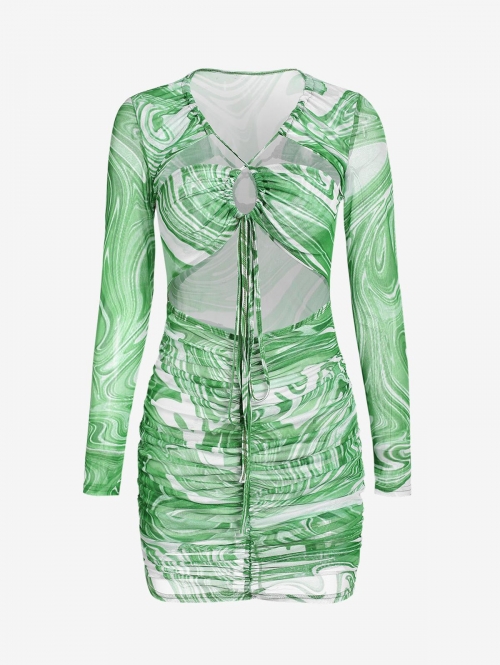 Bodycon Dress Cut Out Ruched Swirl Print Criss Cross Bodycon Dress M Light green