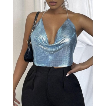 Women Tank Tops 90s Sparkle Party Halter Top Night-out Rhinestones Chainmail Cowl Front Cami V-neck Thin Straps Sexy Top L Blue