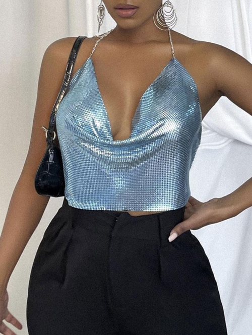 Women Tank Tops 90s Sparkle Party Halter Top Night-out Rhinestones Chainmail Cowl Front Cami V-neck Thin Straps Sexy Top L Blue