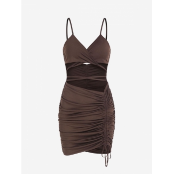 Bodycon Dress Criss Cross Ruched Cut Out Slinky Mini Dress Xs Deep coffee