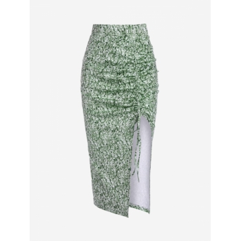 Tiny Floral Cinched Notched Asymmetrical Waist Vacation Spring Summer Knee-Length Skirt L Green