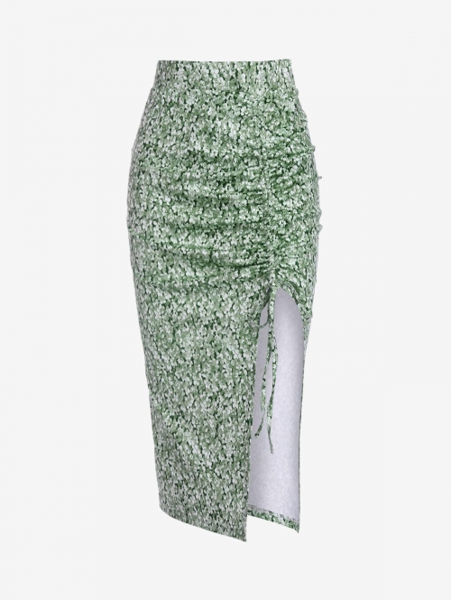 Tiny Floral Cinched Notched Asymmetrical Waist Vacation Spring Summer Knee-Length Skirt S Green