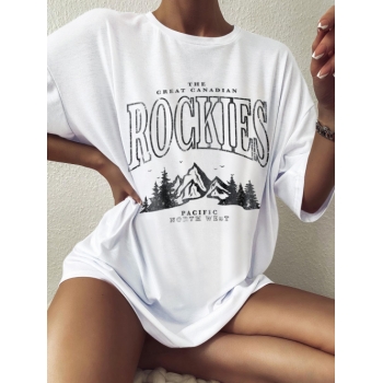 Fashion Women Tees Letter Mountain Print Tunic 90S Oversized T Shirt L White